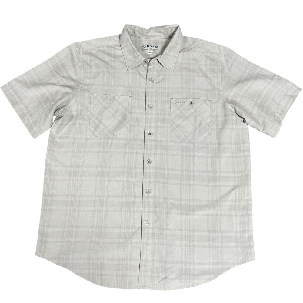 Orvis Men’s Shirt Gray Short Sleeve Button Up Pockets Sunglass Cleaner Size L